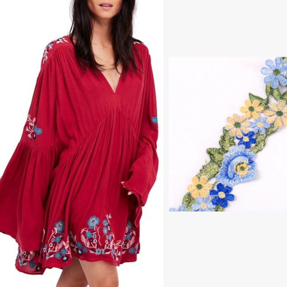 Free People Te Amo Mini Dress Size Small S Red Embroidered NWT Belt Bell Sleeve